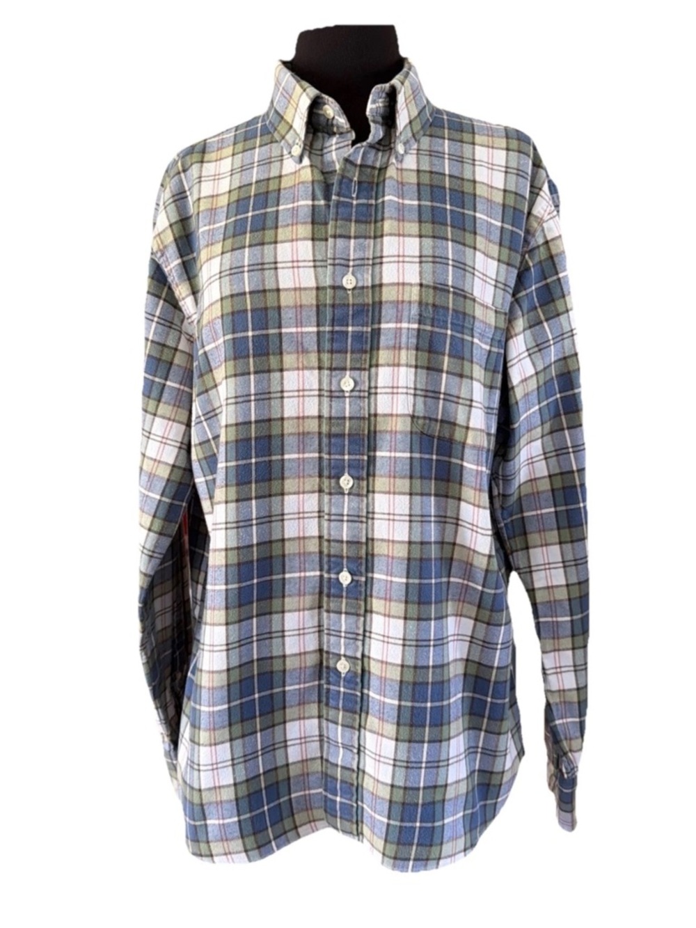 New England Shirt Company Flannel Shirt Men's Large Blue Plaid Made in USA